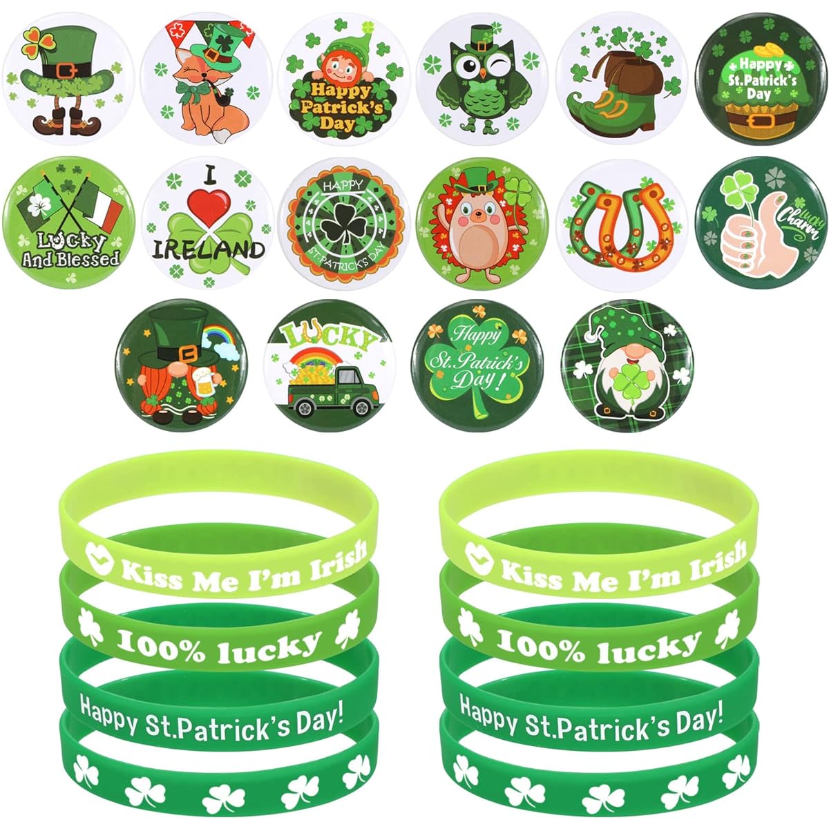 HOWAF St. Patrick's Day Party Favors Set - 16pcs St. Patrick's Day Rubber Wristband Bracelets and 16pcs St. Patrick's Day Buttons, Irish Shamrock Wristbands, St. Patrick's Party Badges, Happy St. Patrick's Day Party Supplies