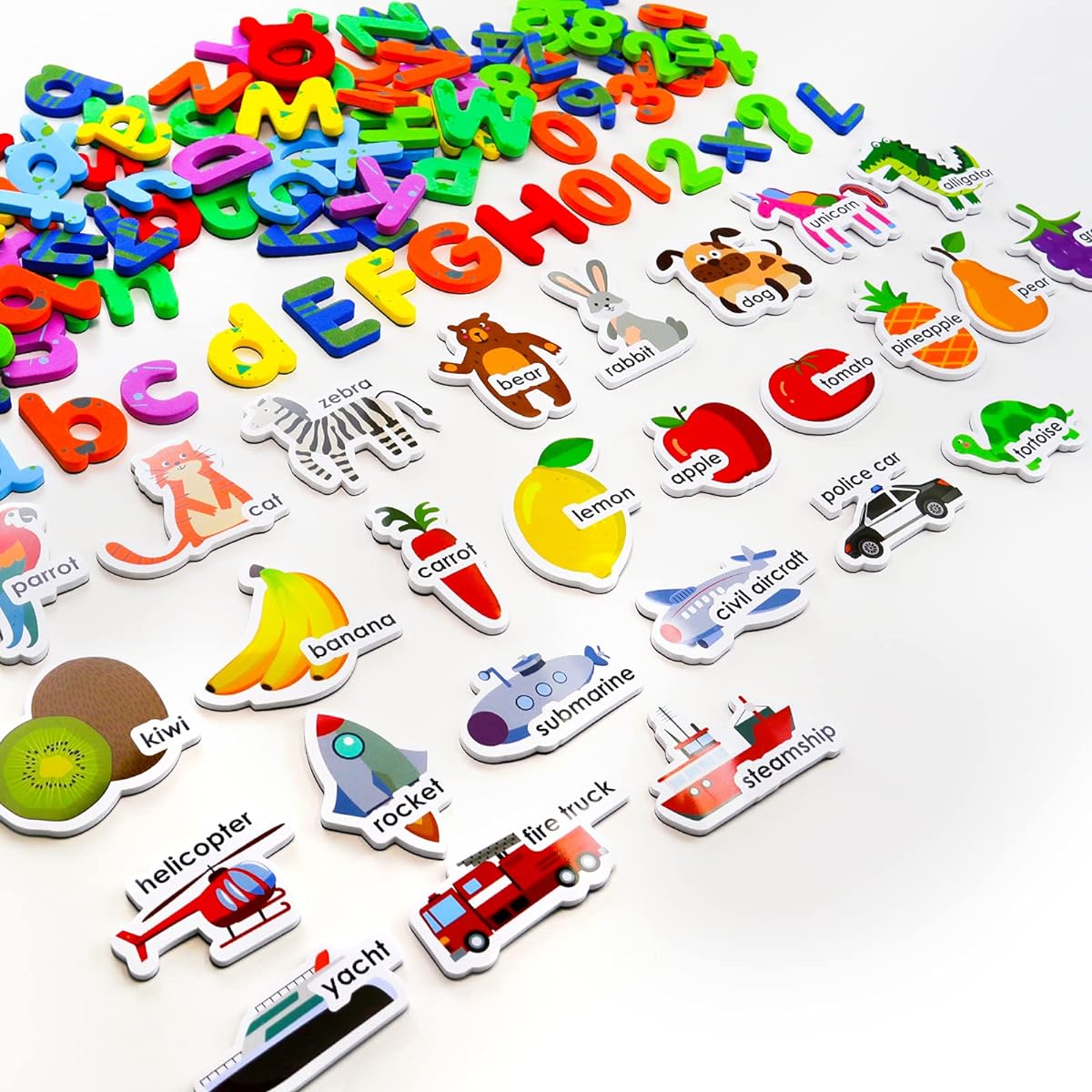 Vcertcpl Magnetic Letters and Numbers for Toddlers, 134 Pcs Fridge Alphabet Magnets for Kids ABC Learning with Animal Vehicles Fruit Pattern Classroom Supplies Foam Letters Toys for Toddlers Ages 3-7