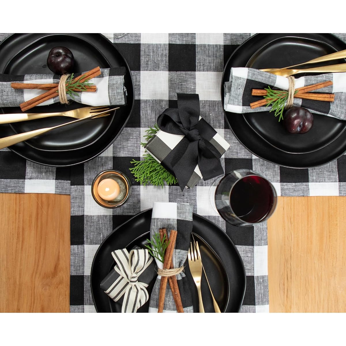 Solino Home Buffalo Check Linen Table Runner - 14" x 90" Checkered Table Runner for Fall/Halloween/Thanksgiving/Christmas - 100% Linen Table Runner Black & White - Handcrafted from European Flax