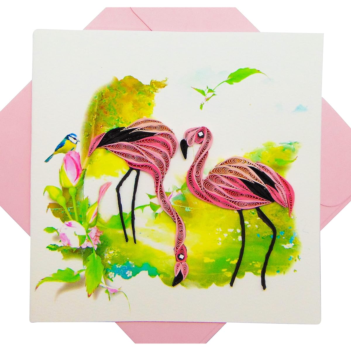 Flamingo Quilling Card 3D Unique Exclusive Handmade Design Greeting Card for Birthday, Valentine's Day, Mother's Day, Spring, Father's Day, Graduation, Wedding, Anniversary, Thank You, Greetings, All Occasions, 6" x 6"