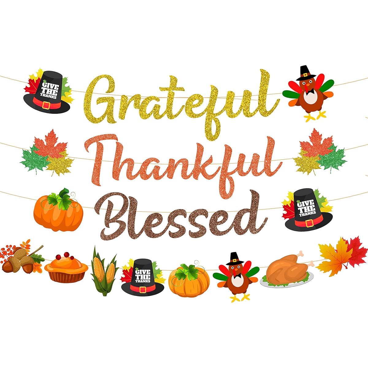 Happy Friendsgiving Banner - Grateful and Blessed Banner Glitter Thanksgiving Party Decorations with Turkey Leaves and Pumpkin Garland for Holiday Fall Party Home Office Hanging Decor