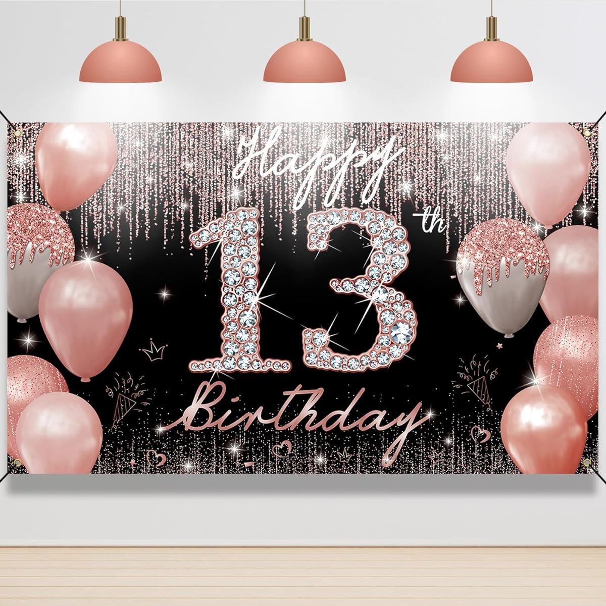 PHXEY 13th Birthday Decorations Banner Backdrop Happy 13th Birthday Decor for Girls Rose Gold Official Teenager 13th Birthday Party Photo Sign Poster Fabric