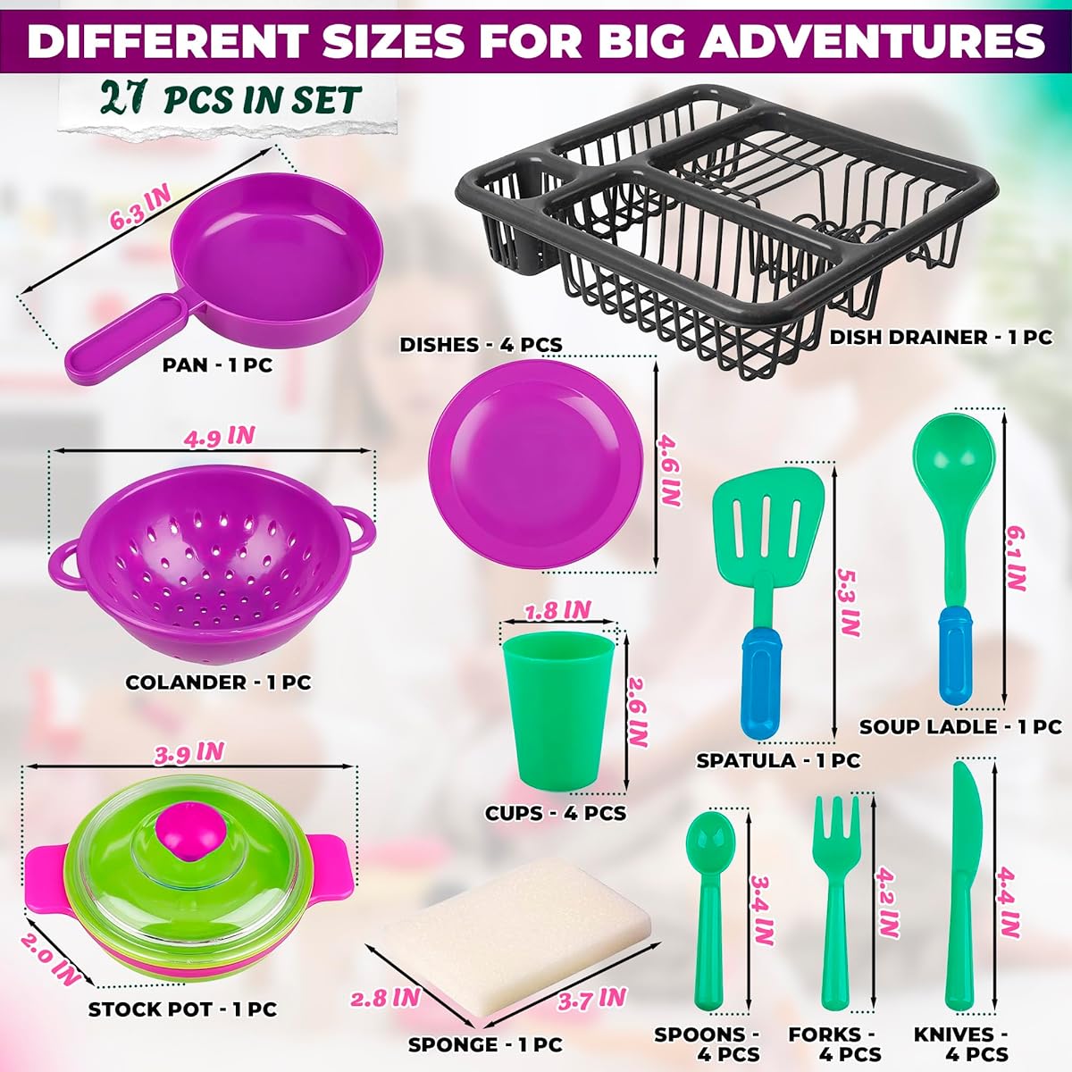 Durable Kids Kitchen Toy Tableware Pretend Play Set 27 Pieces