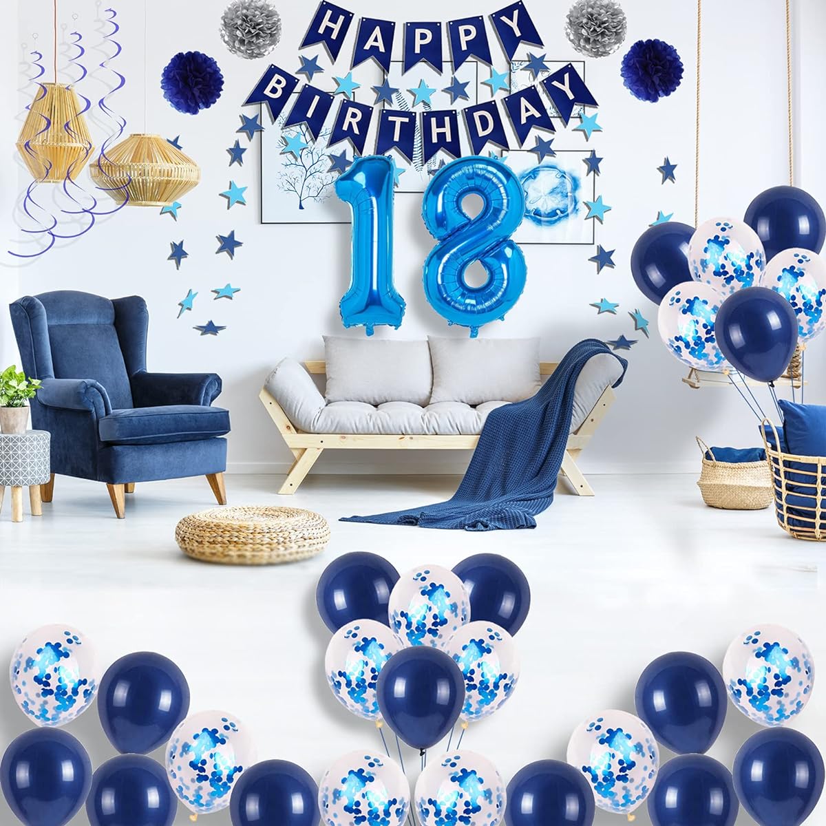 NANINUNENO 18th Blue Birthday Party Decorations for Boys Girls Men Women Happy 18th Birthday Balloons with Happy Birthday Banner, 18 Number Balloons, Blue Star Streamers, Hanging Swirls