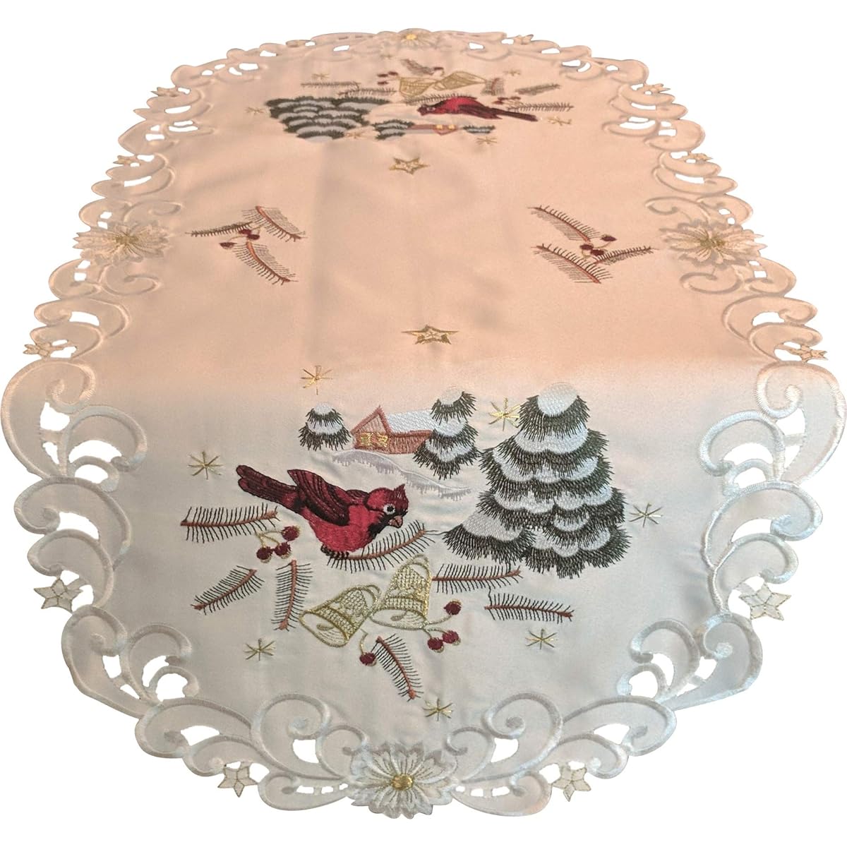 Christmas Table Runner Embroidered with Red Cardinals on Antique Fabric, Size 48 x 15 Inches