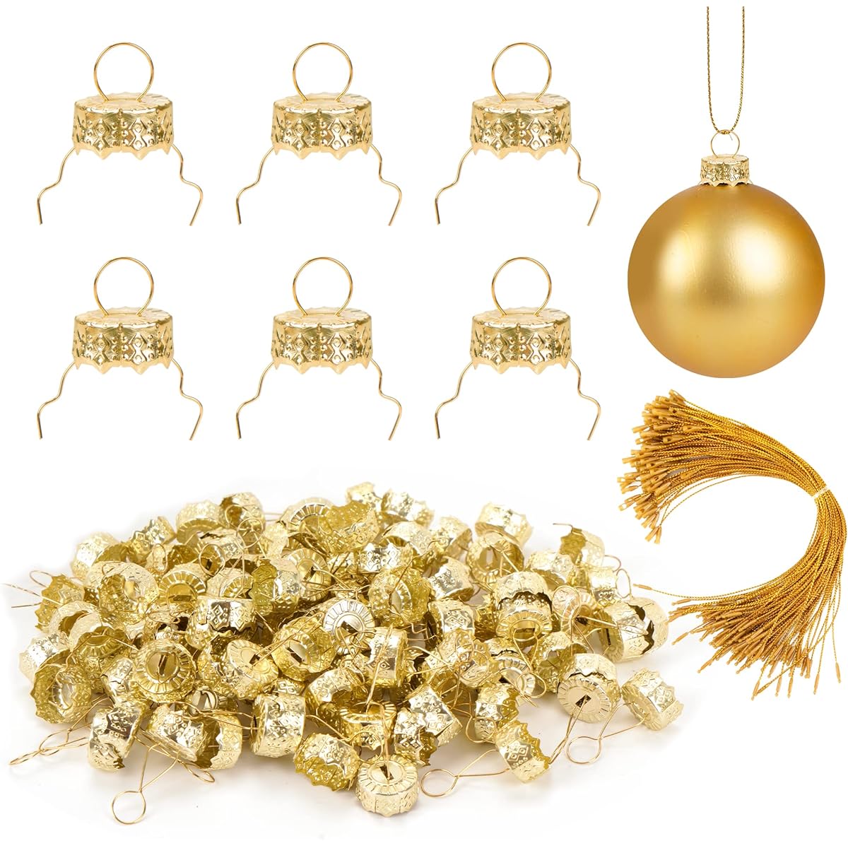 WBCBEC 100pcs Round Christmas Ornament Caps and Christmas Ornament Hanger String Set, Christmas Hanger Caps for Christmas Tree, Ceramic Glass Porcelain Christmas Ornaments DIY Decoration