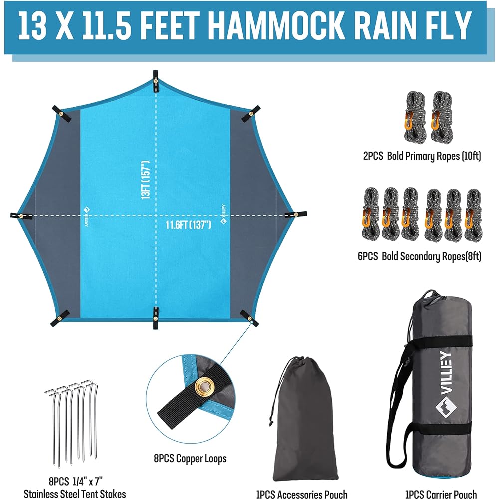 VILLEY Tarp, Awning, Camping Tarp, Sun Shelter, Lightweight, Tent Tarp, 400x350cm, PU Coating, Flame Retardant Material, UV Protection, Light Blocking, Heat Shielding, Waterproof, Outdoor, Storage Case Included [Blue]