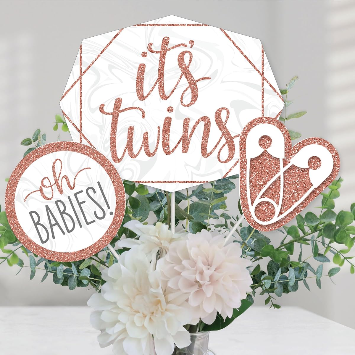 It's Twin Girls - Pink and Rose Gold Twins Baby Shower Centerpiece Sticks - Table Toppers - Set of 15