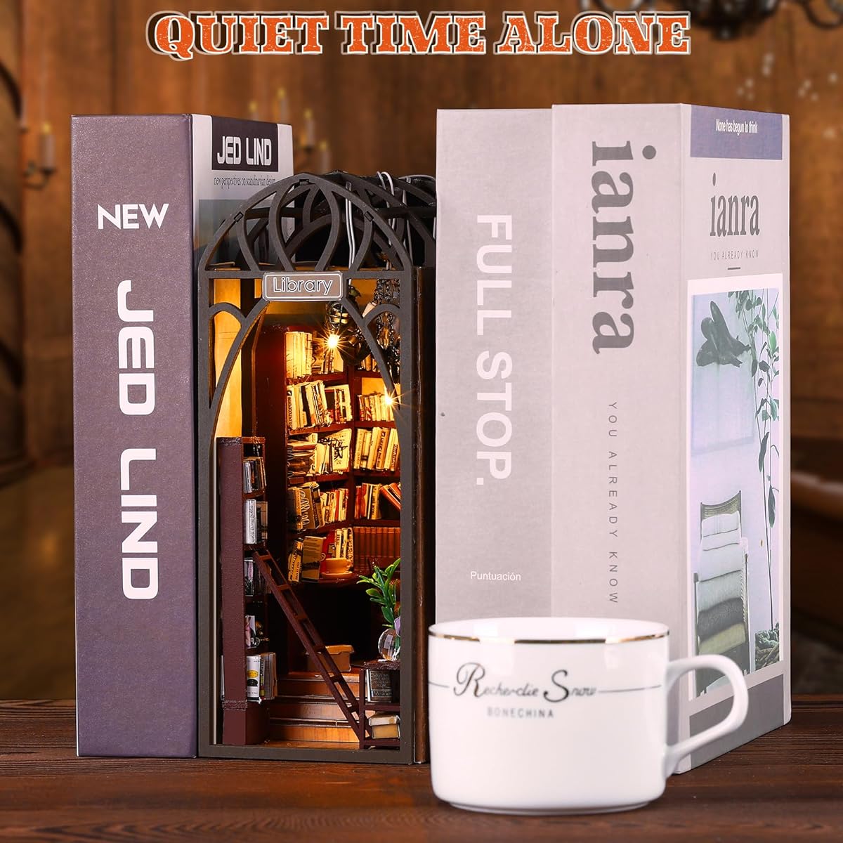 SYOSOF DIY Book Nook Kit 3D Wooden Puzzle Book Knock DIY Dollhouse Bookshelf Insert Decoration Bookend Model Build Creativity Kit with Furniture and LED Light for Home Desk Decor (Library)