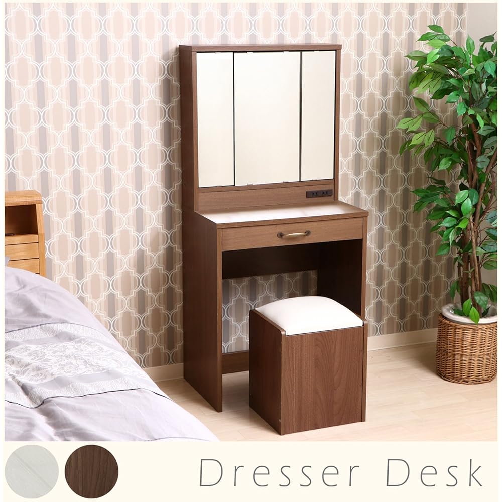 Fuji Boeki Dresser Vanity Mirror Stand Width 60 x Depth 39 x Height 130 cm White with Stool and Outlet Three-sided Mirror Wood Grain Merle 97785