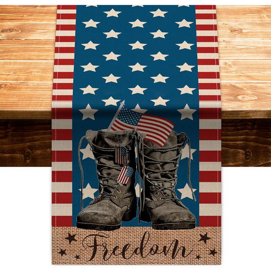 4th of July American Soldier Boots Patriotic Table Runner Stars and Stripes Freedom Memorial Day Table Runner Independence Day Holiday Kitchen Dining Table Decor Summer USA Party Supplies 13 x 72 Inch