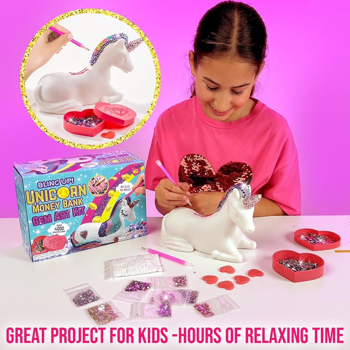 GirlZone Sparkly Unicorn Piggy Bank Gem Art Kit Diamond Art for Kids, 4000+ Gems and 2 Styluses for Diamond Painting, Creative Gift Idea