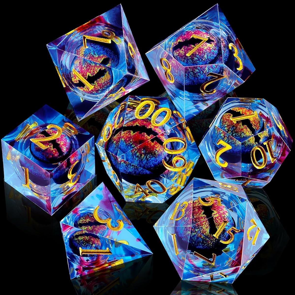 Liquid Core Dragon Eye DND Dice Resin Set - 7 Piece Polyhedral RPG Dice for Dungeons and Dragons: Emerald Green with Gold Plated Numbers
