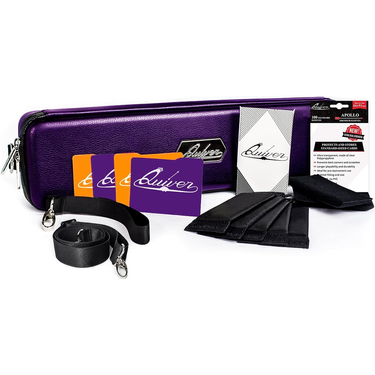 Quiver Time Card Case, Trading Card Storage, Pu Leather Exterior, Double Zipper, Dividers, Wrist Strap & Shoulder Strap, Holds up to 1350 Trading Cards Plus 100 Clear Sleeves (Quiver Case, Purple)