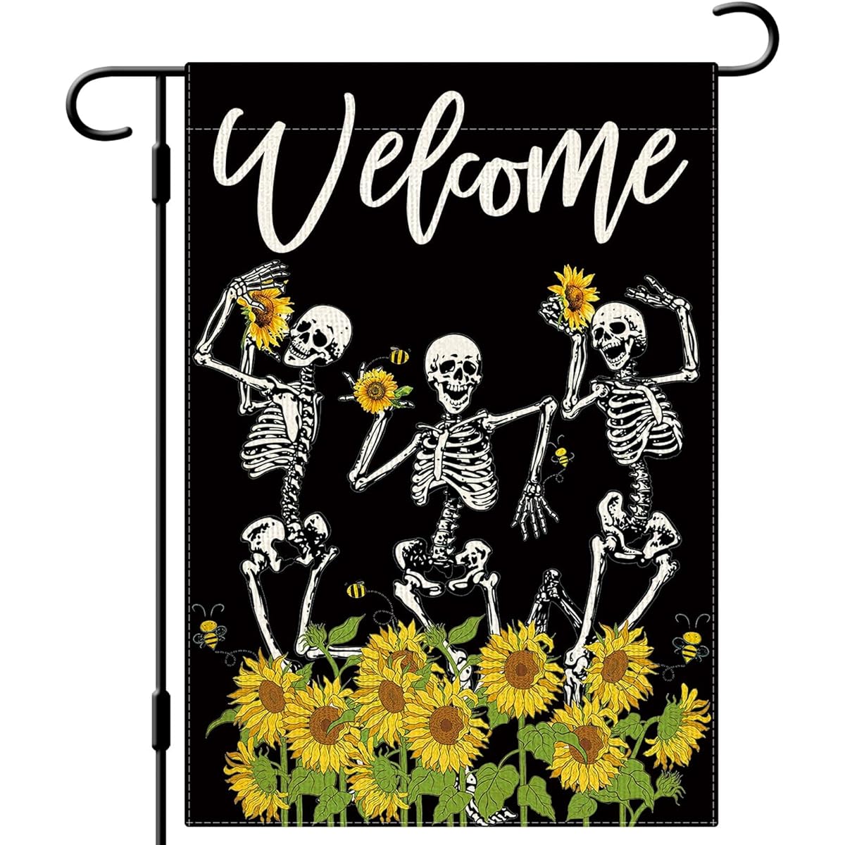 DLZDN Sunflower Skeleton Garden Flag, Funny Summer Garden Flag 12x18 Inch Vertical Double Sided Welcome Farmhouse Holiday Outdoor Decor Burlap Yard Flag