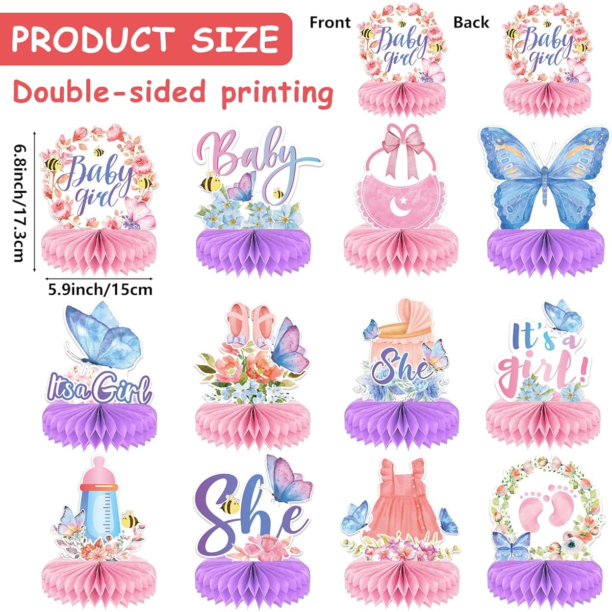 12 Pieces Butterfly Baby Shower Table Decorations Honeycomb Centerpieces It's a Girl Butterfly Table Centerpieces Floral Butterfly Table Toppers Baby Girl Gender Reveal Birthday Party Decorations
