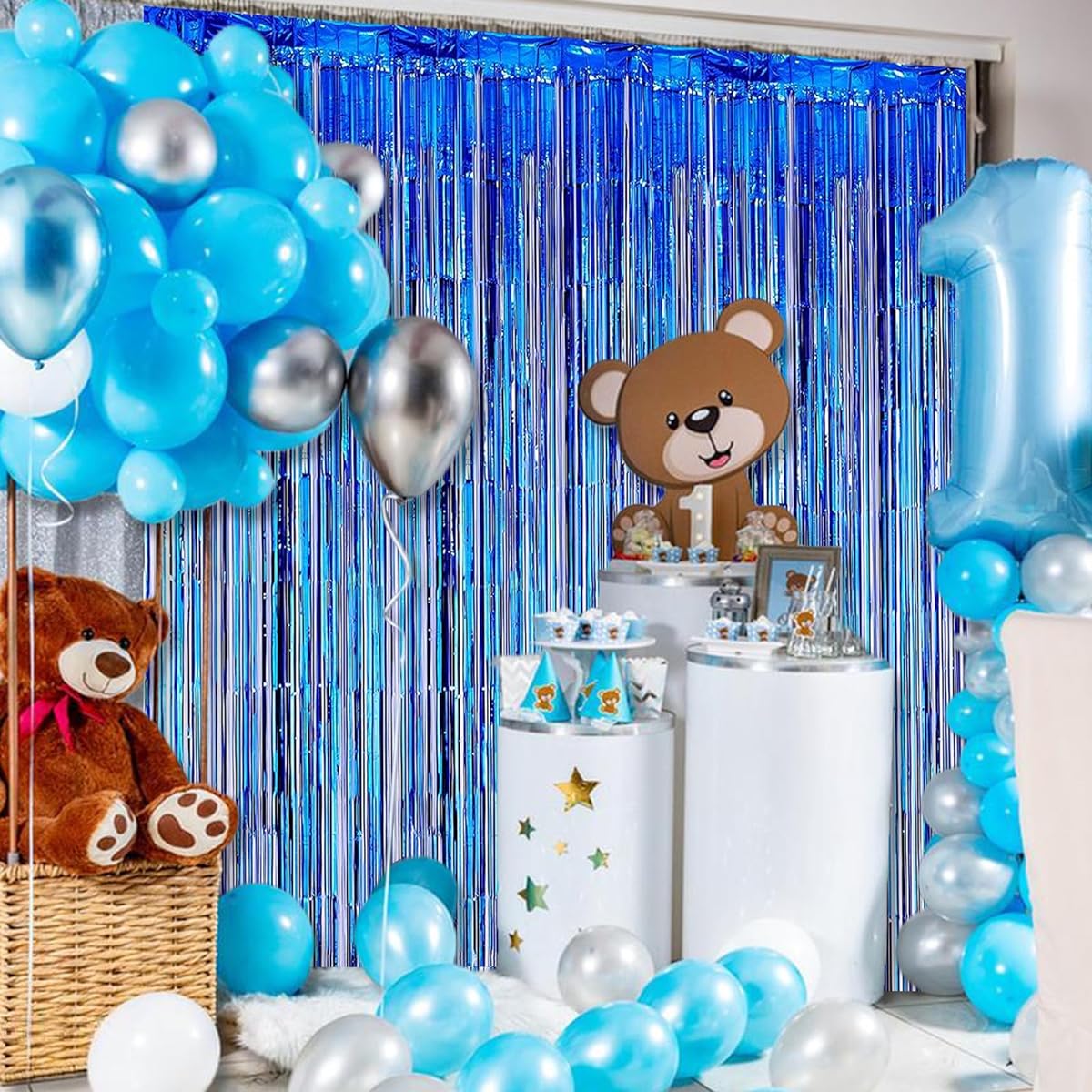 AIBIIN 3.3ftx6.5ft Foil Curtain Backdrop Blue Metallic Tinsel Foil Fringe Curtains for Birthday Party Wedding Baby Shower Bachelorette Christmas Holiday Celebration Party Decorations Photo Booth Props