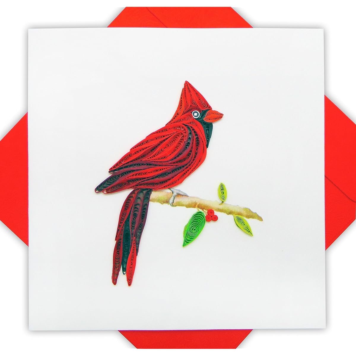 Northern Cardinal Quilling Cards 3D - Unique Exclusive Handmade Design Greeting Cards for Birthday, Valentine's, Mother's Day, Spring, Father's Day, Graduation, Wedding, Anniversary, Thank You, Get Well, Any Occasion | 6" x 6"