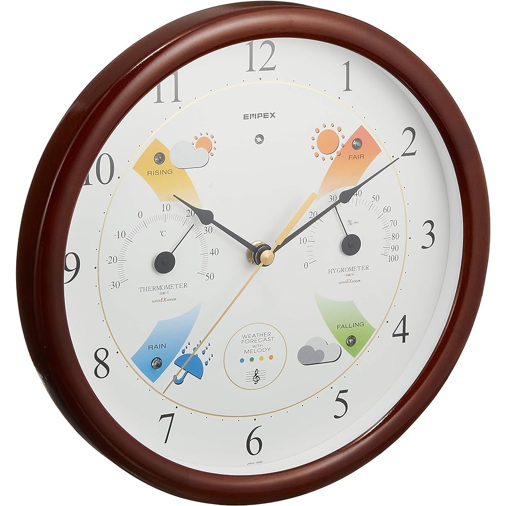 Empex Weather Meter Temperature and Hygrometer Super EX Melody Weather Station with Weather Forecast Function for Wall Mounting Made in Japan Brown EX-5478