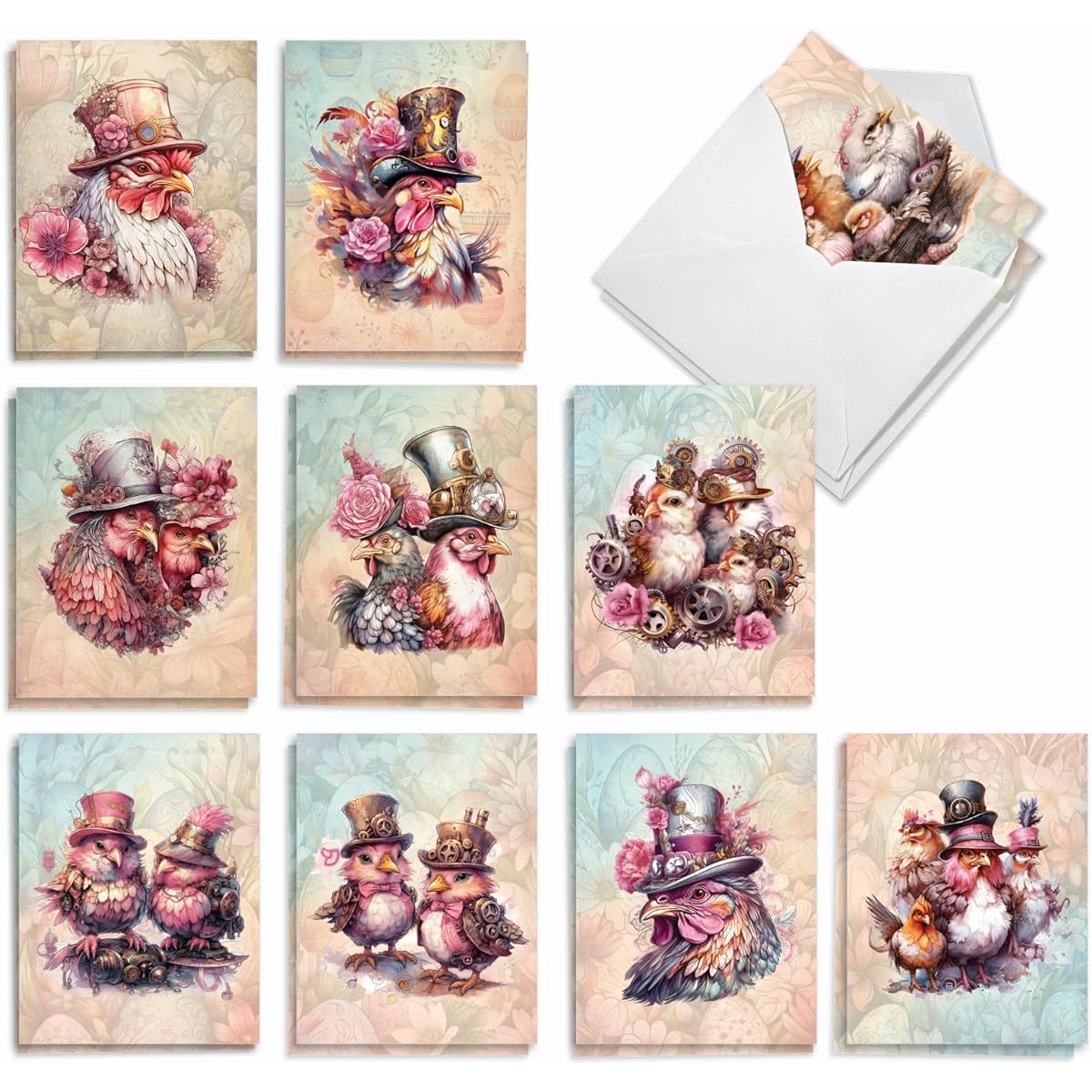 The Best Card Company AM10979EAG-B2x10 Set of 20 Easter Note Cards, Boxed Set, 4 x 5.12 Inch with Envelopes (10 Designs, 2 of Each), Steampunk Chicken Family