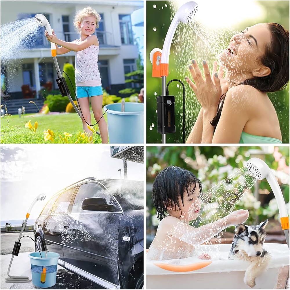 AZXJC Portable Camp Shower, Camp Shower Pump with Removable USB Rechargeable Battery, Portable Outdoor Shower Head - Pumps water from a bucket into a steady, gentle shower stream for camping, travel