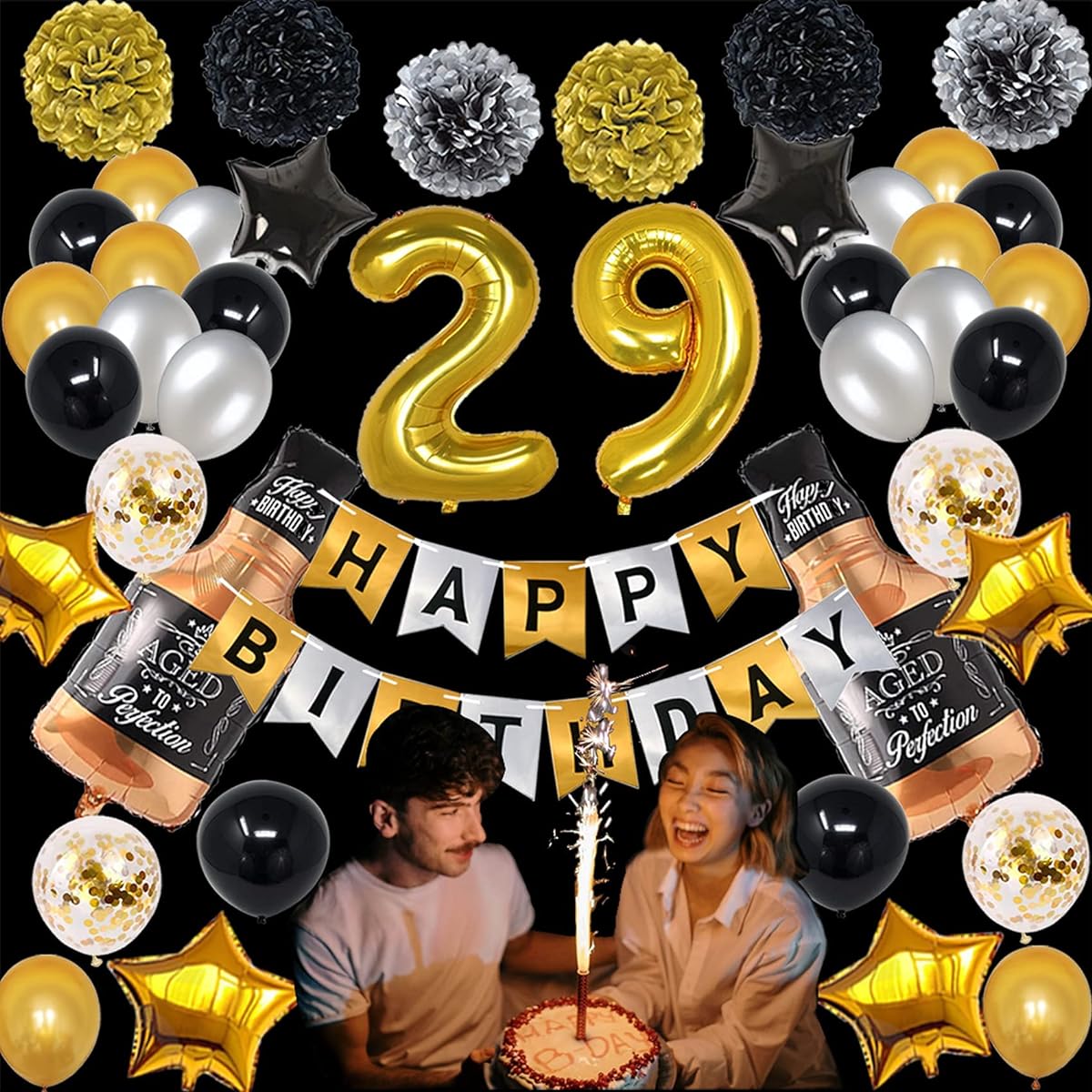 NANINUNENO 29 Year Old Gold Black Silver Happy Birthday Balloons Supplies for Boys Girls Women 29 Pieces Birthday Party Set Gold Number Balloons Happy Birthday Banner and Whiskey Bottle Balloons