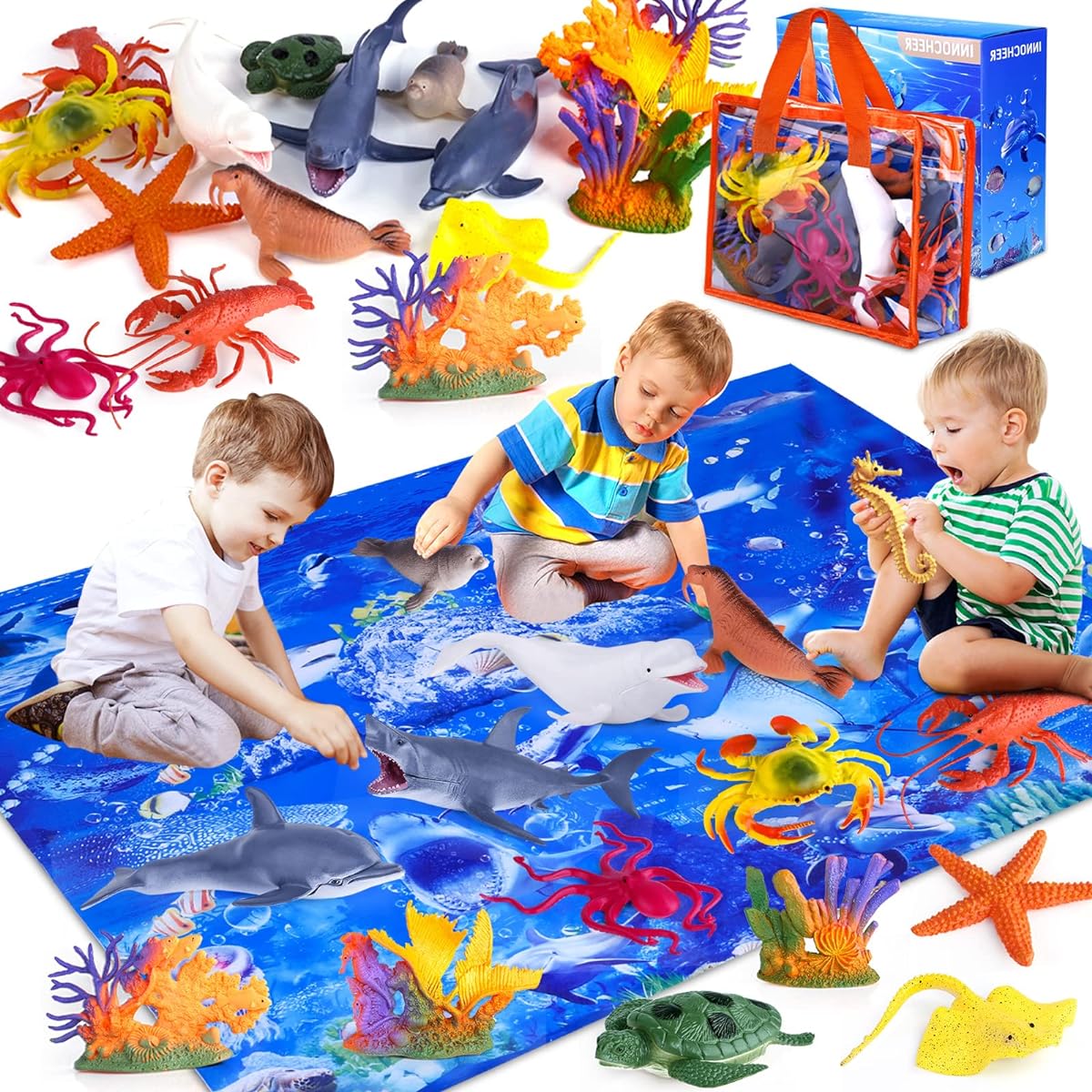 INNOCHEER Sea Animal Toys for Kids, 18 Pack Ocean Animal Toys for Kids Toddlers Boys Girls Age 3-8-12 Sea Creatures Toy Set with Kids Play Mat, Shark, Whale, Dolphin
