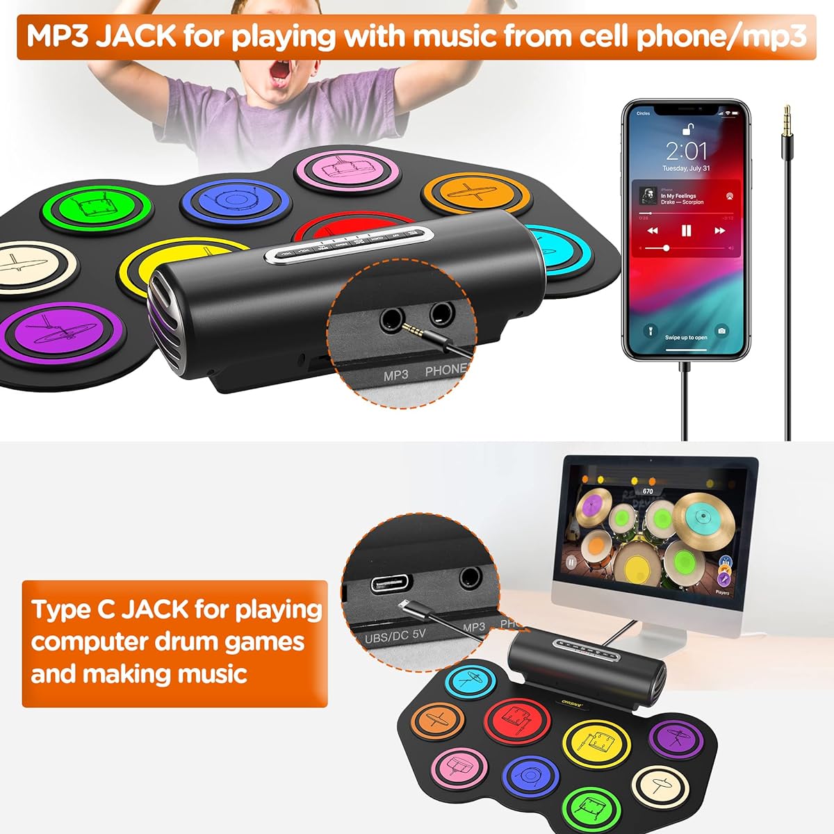 ORASANT 9 Pads Real Effects Rechargeable Portable Electronic Drum Set with Icons Roll-up Practice Drum Pad Electric Drum Pad with Speaker/Headphone Jack/Pedal 12 Hour Playtime Christmas Gift