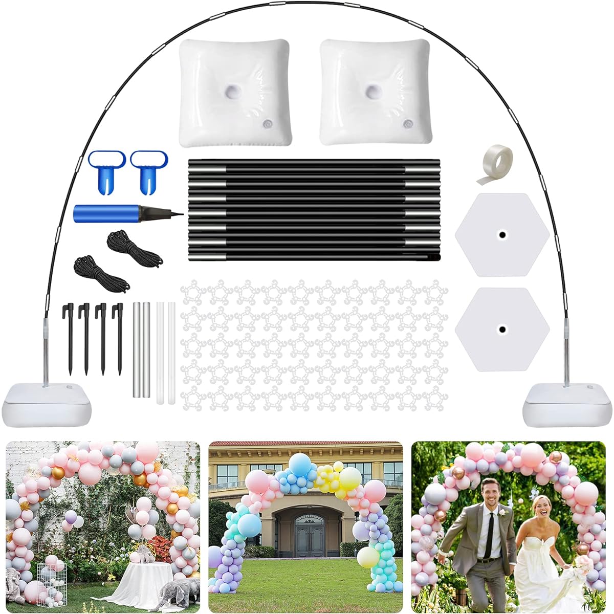 VETOGETHER Balloon Arch Stand Kit with Base, Adjustable Balloon Arch Holder Kit with 55 Balloon Clips, Balloon Pump, 9ft Tall 10ft Wide Balloon Arch for Wedding Birthday Party Supplies Decorations