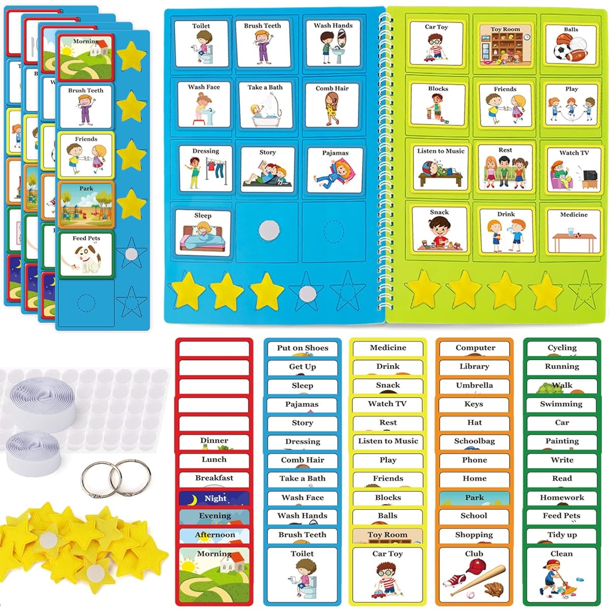 beetoy Visual Schedule Cards for Kids Autism Home Shore Chart Routine Cards Autism Learning Materials 1 Schedule Book with 30 Yellow Stars for Home/School/Community