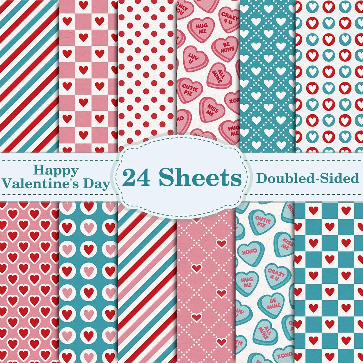 Whaline 12 Designs Valentine Pattern Paper Pack 24 Sheets Heart Love Scrapbook Specialty Paper Pink Blue Red Collection Double Sided Decorative Craft Paper for Card Making Scrapbooking