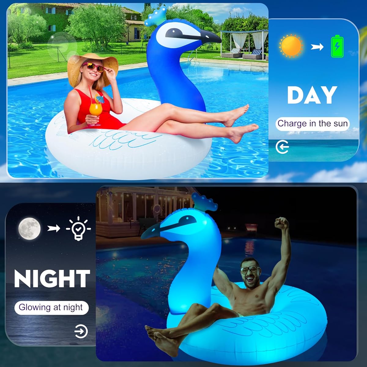 Inflatable Peacock Pool Float with Light Solar Powered Pool Inflatable Peacock Float for Adults/Kids