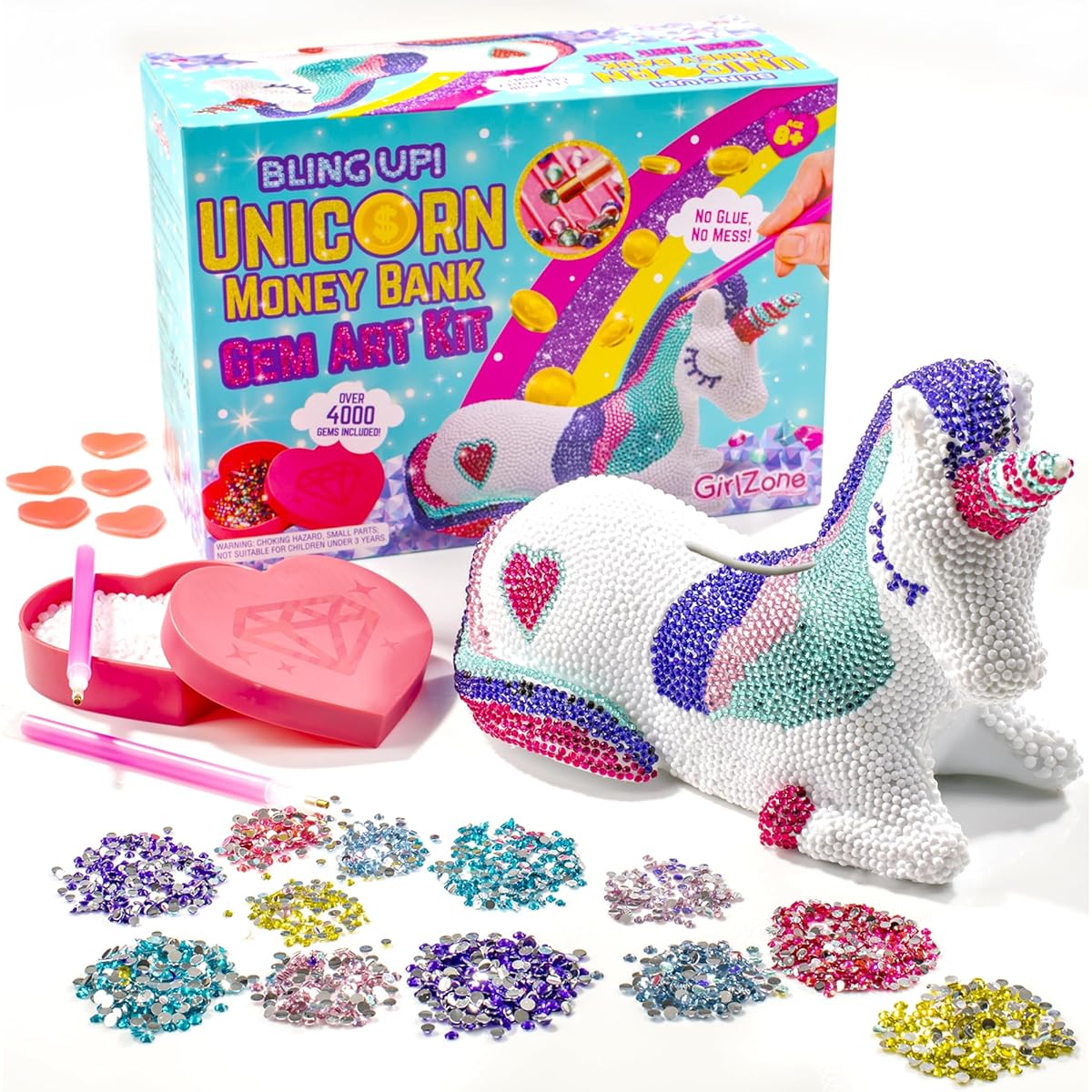 GirlZone Sparkly Unicorn Piggy Bank Gem Art Kit Diamond Art for Kids, 4000+ Gems and 2 Styluses for Diamond Painting, Creative Gift Idea