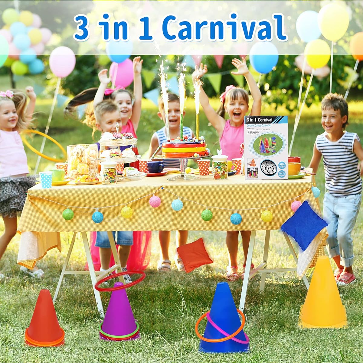 WIn SPORTS 3-in-1 Carnival Outdoor Combo Game Set Soft Plastic Cones Cornhole Bean Bags Ring Toss Game Kids Birthday Party Outdoor Game Supplies 26 Piece Set