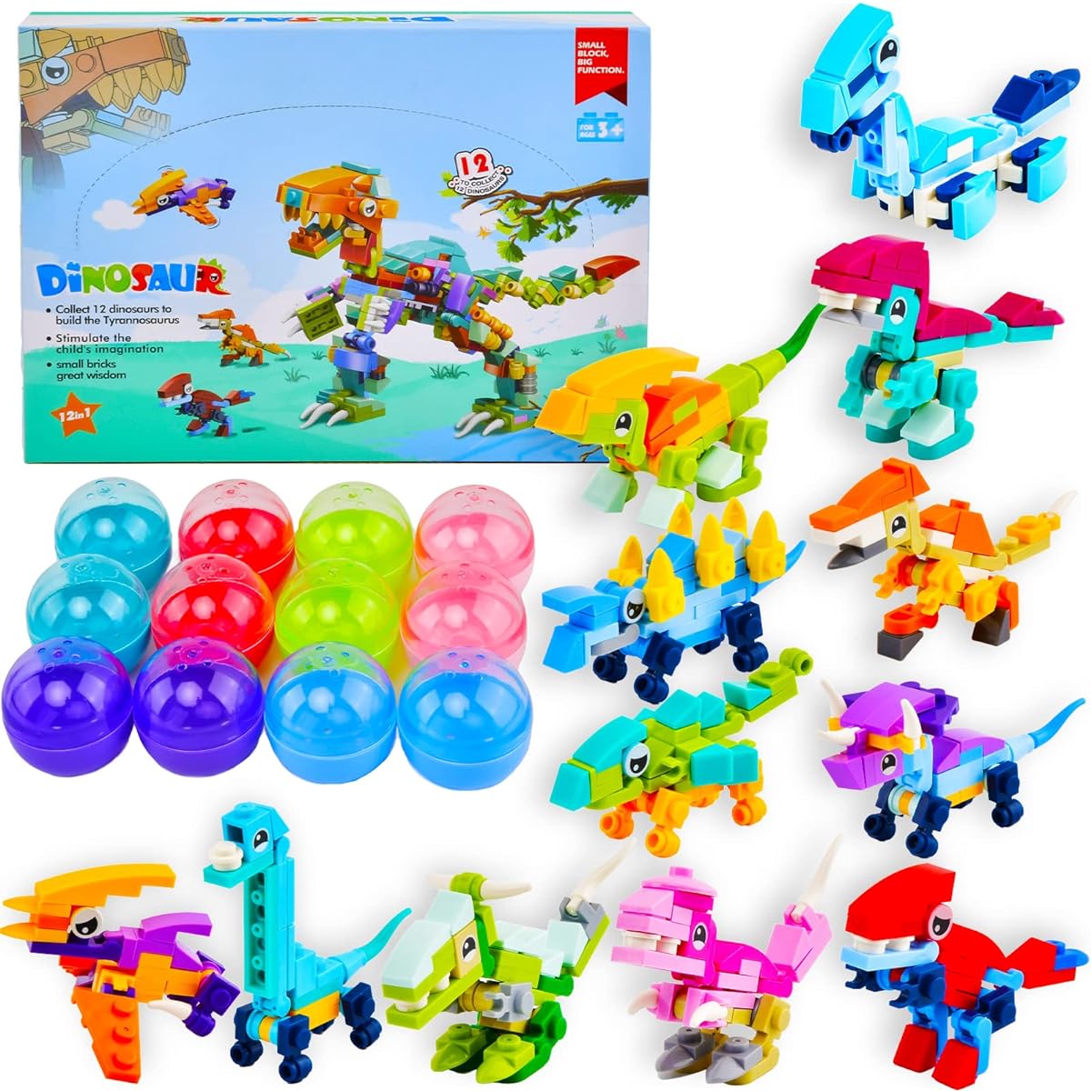 Filled Easter Eggs with 12 Dinosaur Building Blocks, Easter Egg Hunt Goodie Bag Fillers, Easter Basket Stuffers for Boys/Girls, Easter Party Favors Gifts for Kids