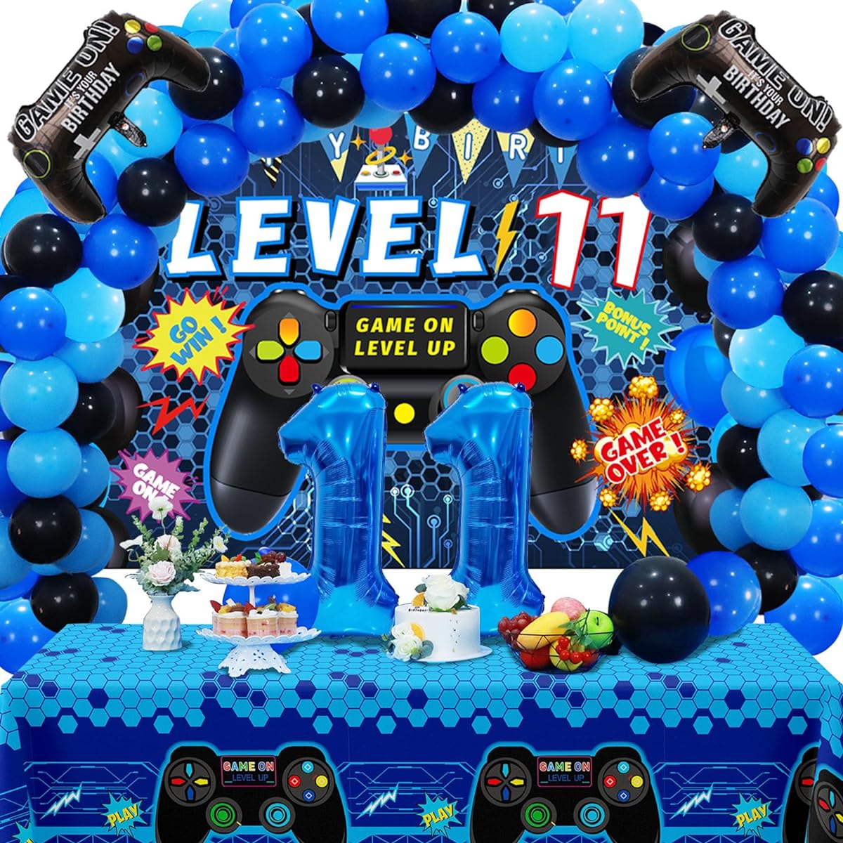 Vlipoeasn 90 Pieces 11th Birthday Video Game Party Decorations for Boys Blue 11th Birthday Supplies 11 Year Old Video Game Background Balloons Tablecloth Gamer 11 Pieces Foil Balloons for 11th Birthday Party