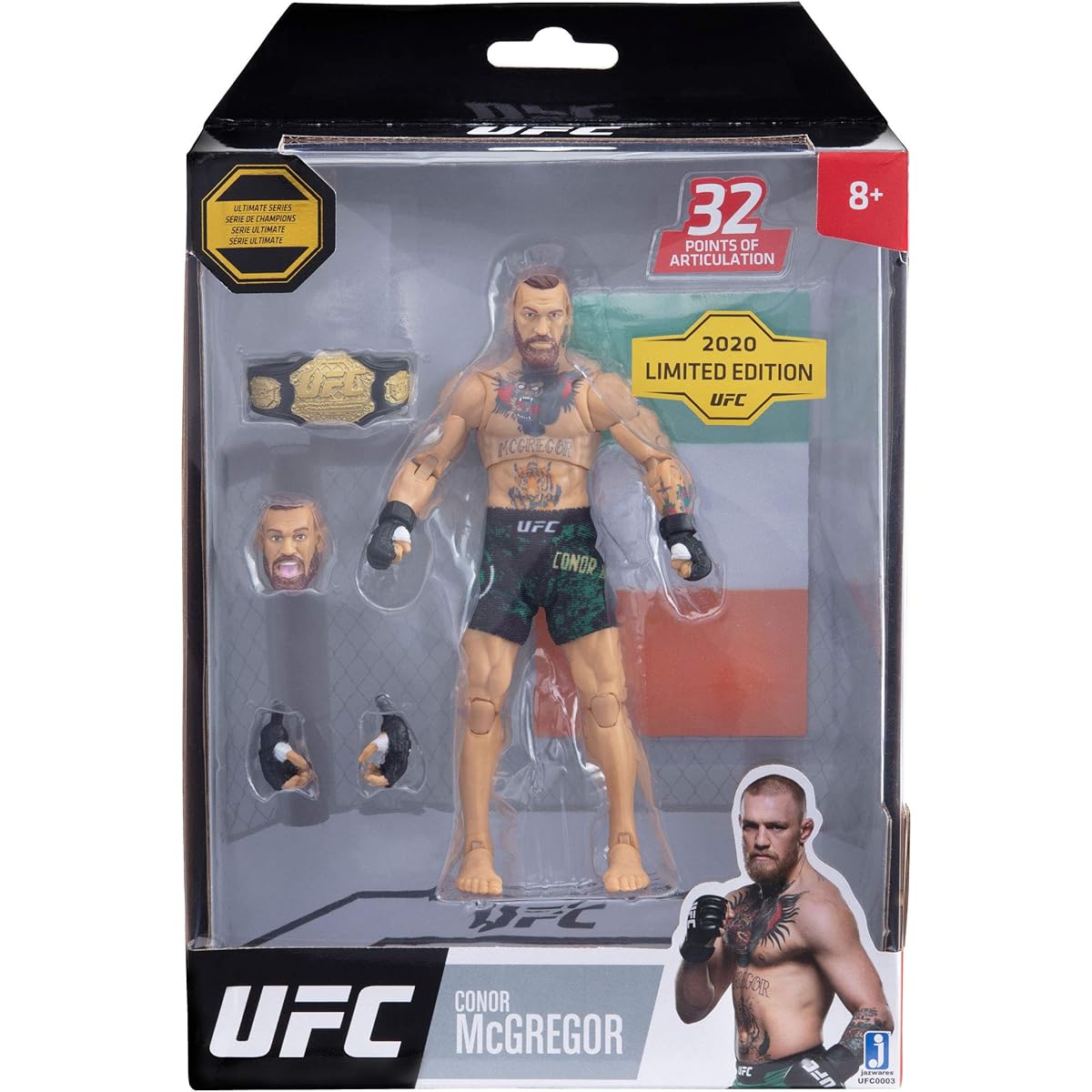 UFC Ultimate Series Limited Edition Conor McGregor 6-Inch Collectible Action Figure – Includes Alternate Head and Gloved Hands, Fight Shorts, Belt and Irish Flag Accessory