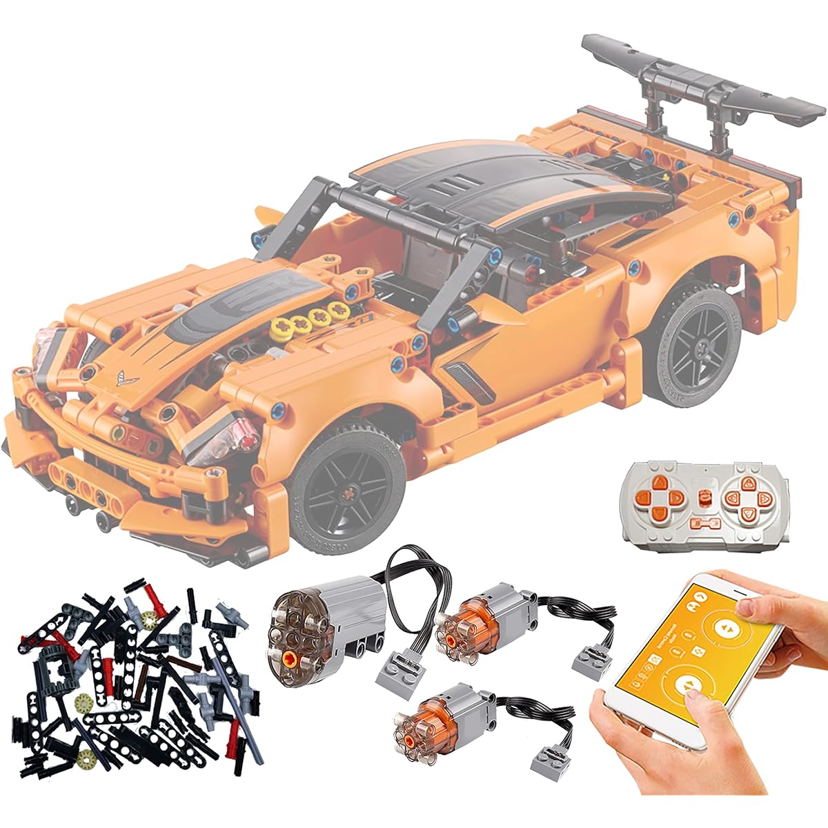 Enhanced electric driving modification kit compatible with Lego Technic Corvette ZR1 (PLUS) 42093 model, can be controlled by remote control or mobile app. Evolve your Lego bricks into an automatic car (not a Lego toy, just modified parts)