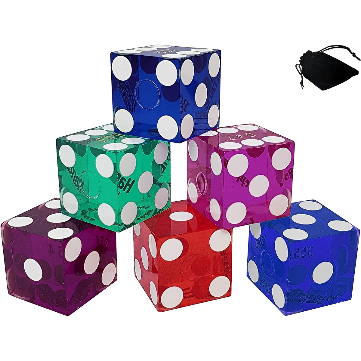 Las Vegas Casino Table Played Craps Dice - Set of 6 Random Assortments with De-Polished Finish and Storage Pouch (CyberDeal)