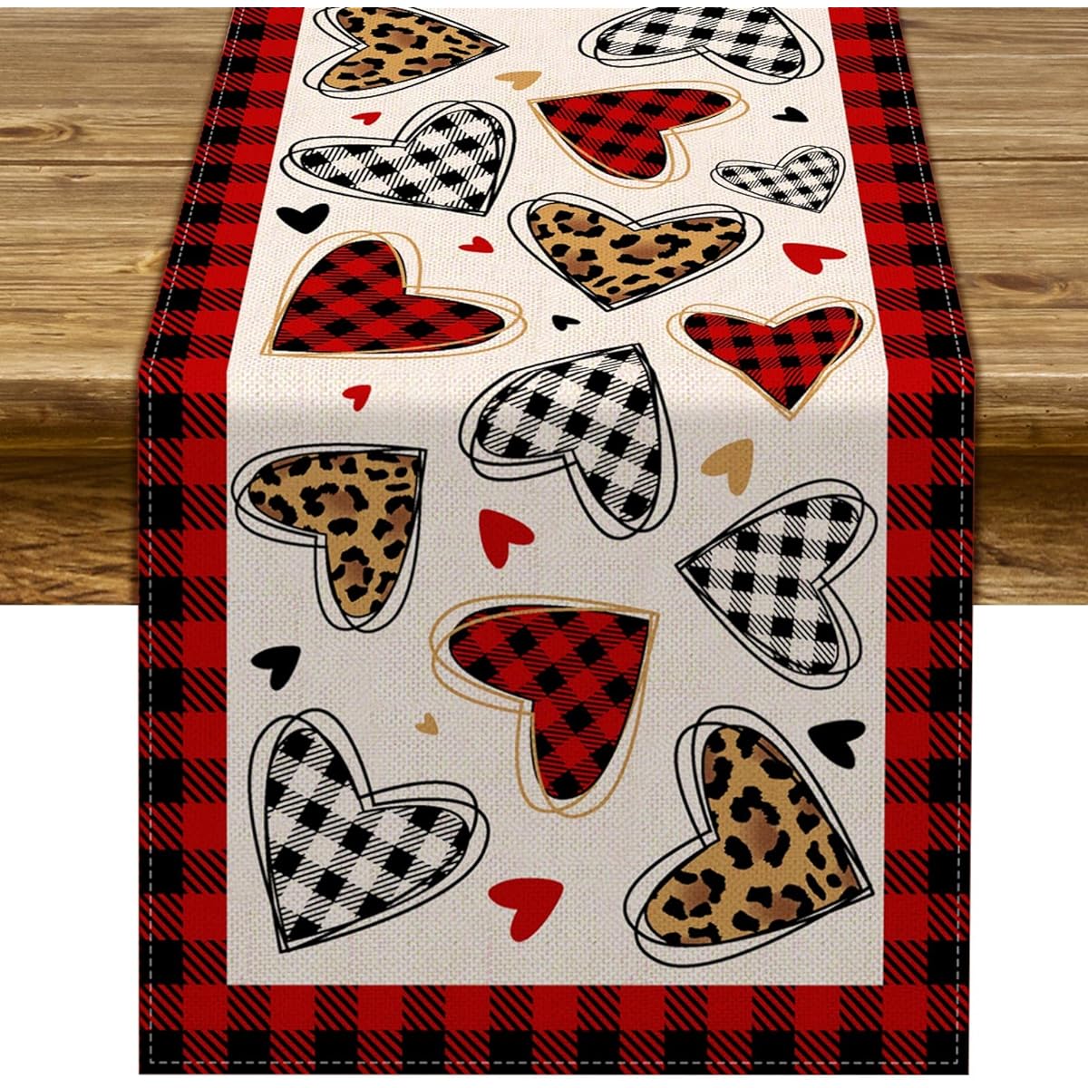 Pudodo Valentine's Day Table Runner Love Heart Buffalo Plaid Check Leopard Print Wedding Anniversary Kitchen Dining Home Decoration