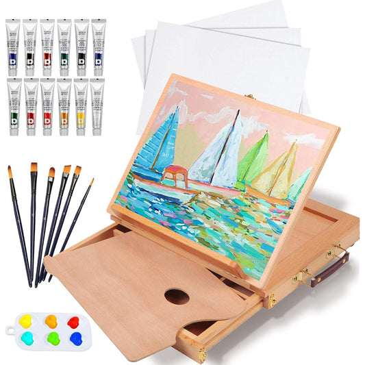 Falling in Art Portable Beech Painting Table Sketch Easel - 12 Tube Acrylic Colors, 12''x9'' Canvas Panel, 5 Nylon Brushes Painting Supplies Set (Yellow)