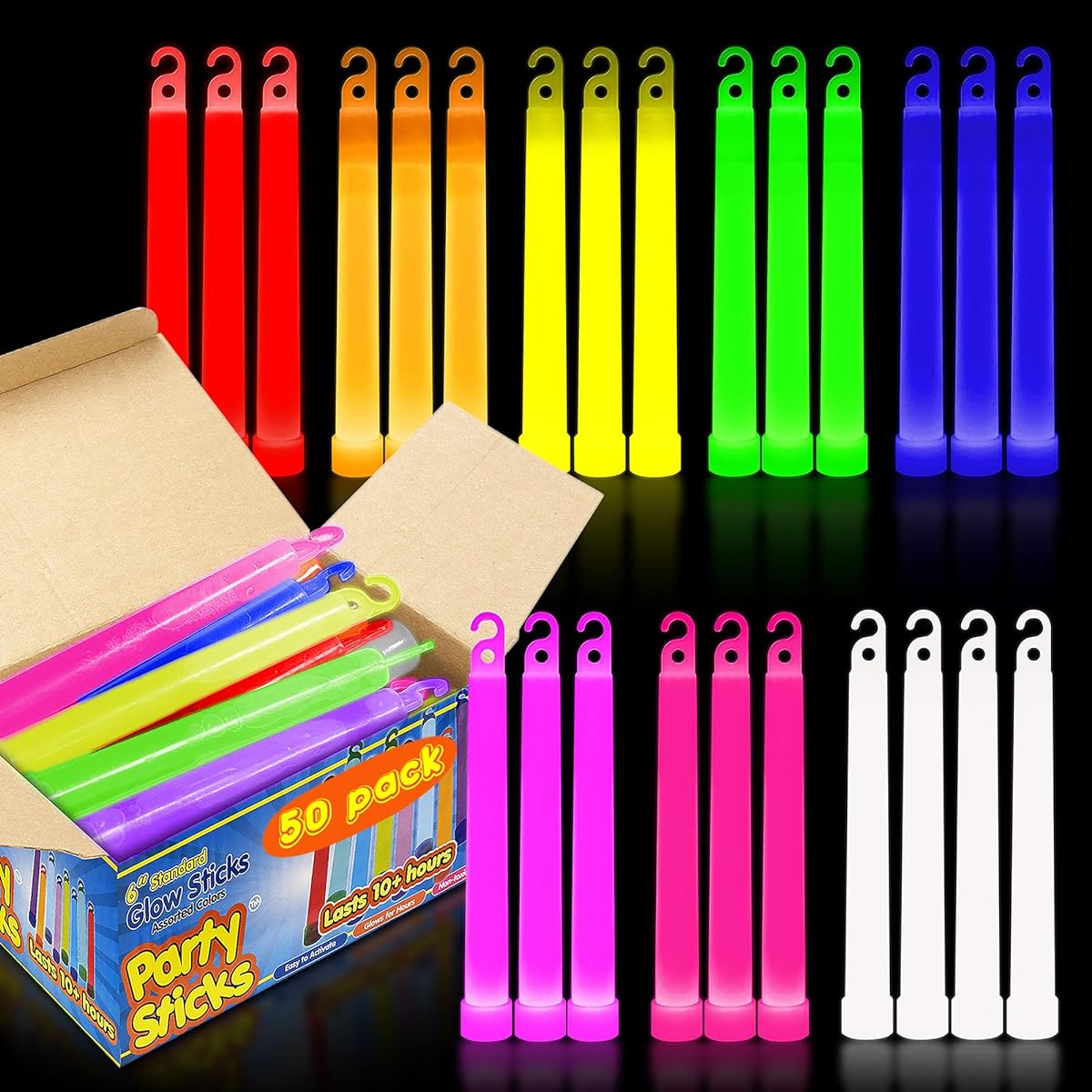 PartySticks Glow Sticks Party Supplies for Kids and Adults (50 Pack Assortment) - 6" Bulk Glow Up Glow Sticks Party Favors Glow in the Dark Party Decorations Waterproof Non-Toxic Glow Necklaces