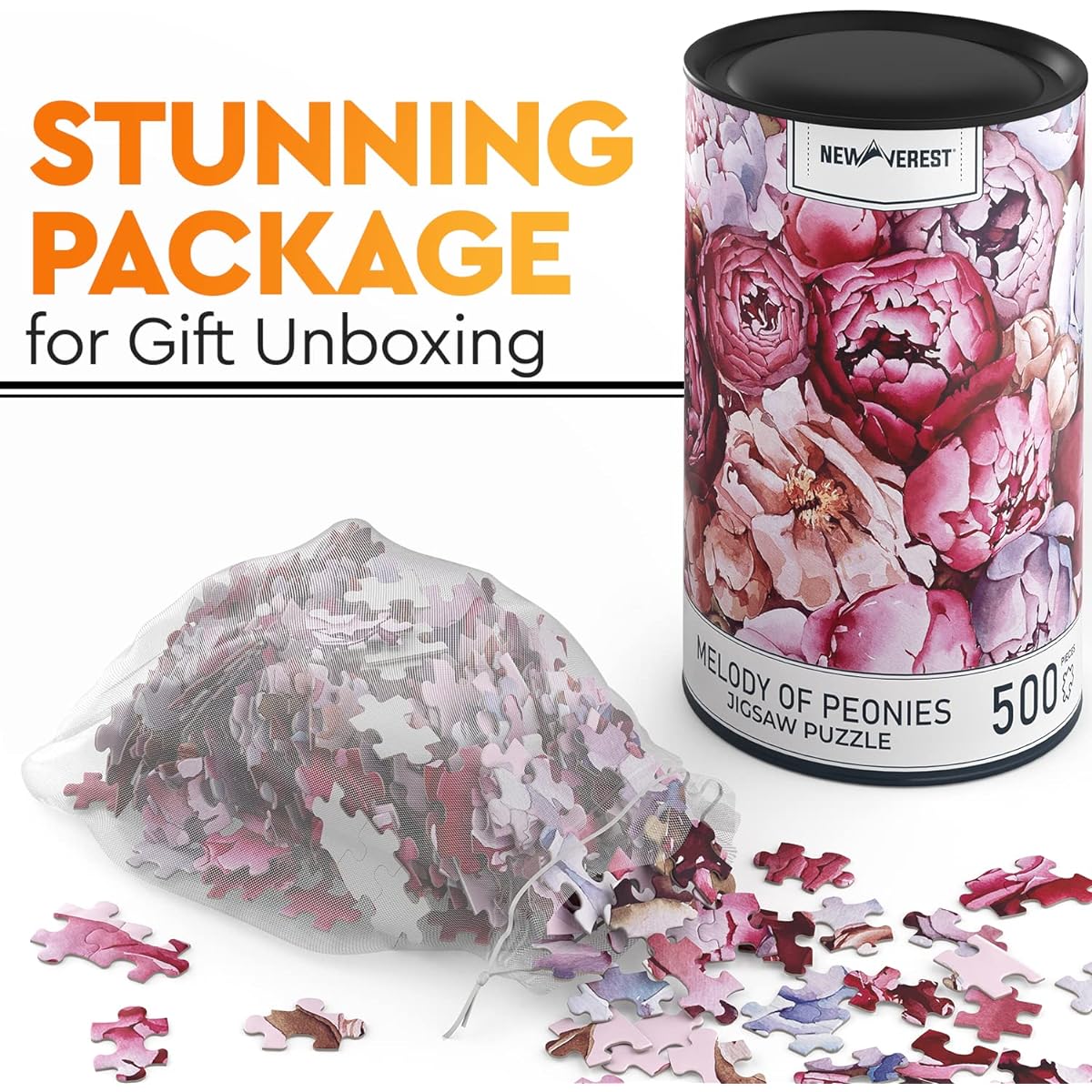 Newverest Jigsaw Puzzle 500 Piece for Adults - 18.95" Round, Challenging Flower Puzzle with Unique Hand-Painted Images by the Artist - Includes Gift Packaging Storage Box and Organza Pouch - Peony Melody