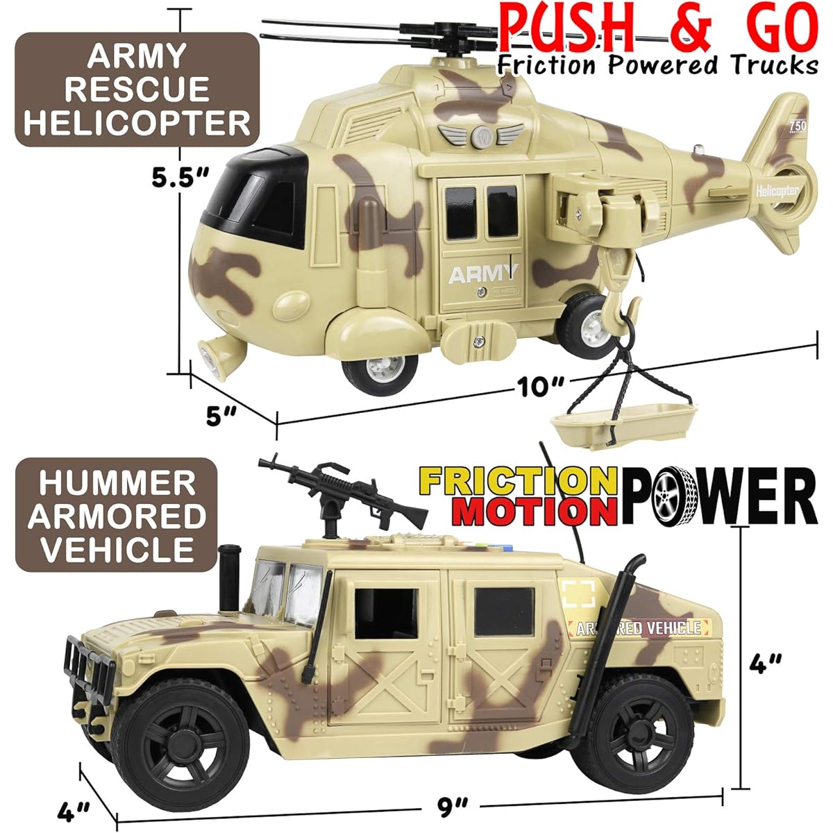 Army Toys for Boys [2 Pack] | Military Toys for Boys with Friction, Lights & Sounds | Includes Army Helicopter and Army Tank