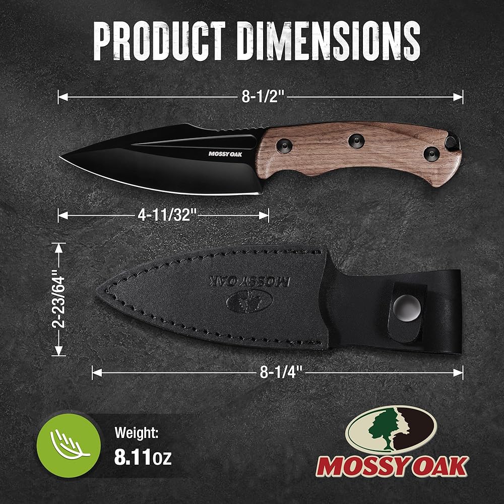 MOSSY OAK Knife, Outdoor Knife, Sheath Knife, Full Tang Structure, Total Length 215mm, Natural Wood Handle, For Mountain Climbing, Camping, Trekking, Fishing, Home Use, DIY, Disaster Prevention, Comes with Dedicated Sheath