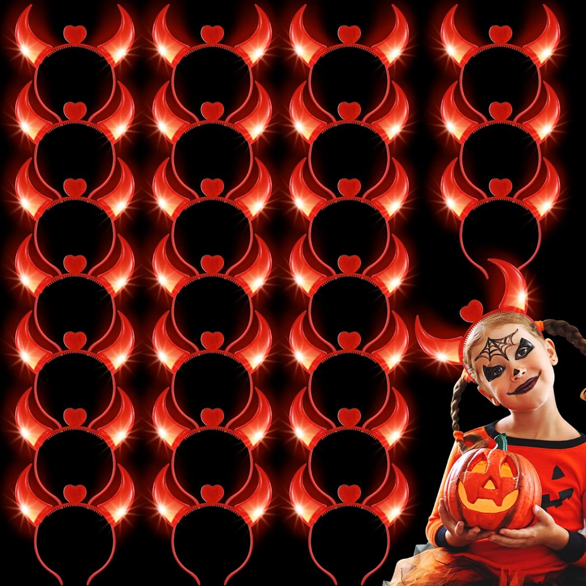 XunYee 24Pcs Halloween Red Flashing Devil Horns Headband Halloween Costume LED Light Up Headband Head Bopper Cosplay Party Accessories