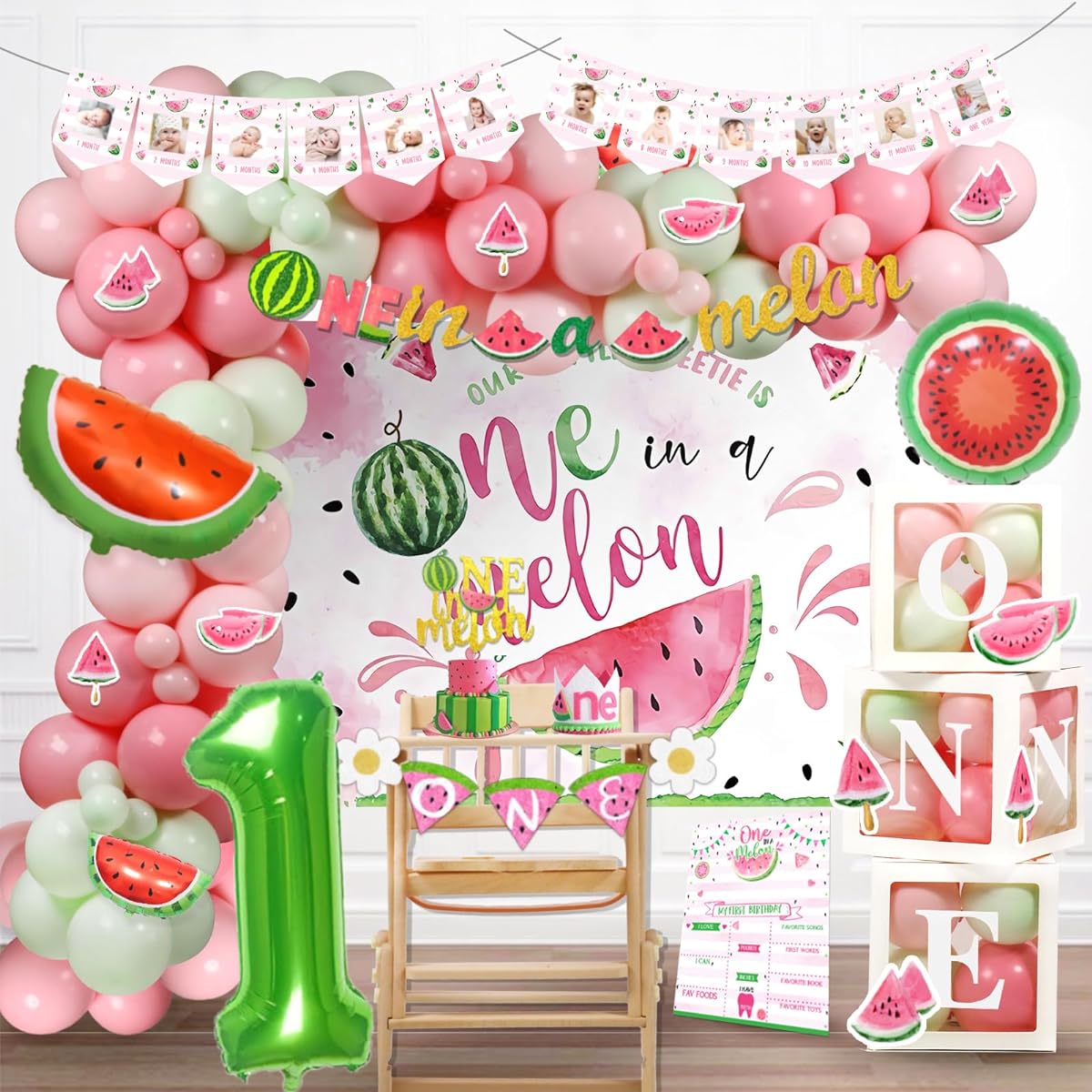 Fiesec One In A Melon Party Decorations 136 Pieces Watermelon 1st Birthday Party Decorations Background Balloon Garland Monthly Photo Highchair Banner Cake Topper Box Cutout Crown Poster Pink Green Red