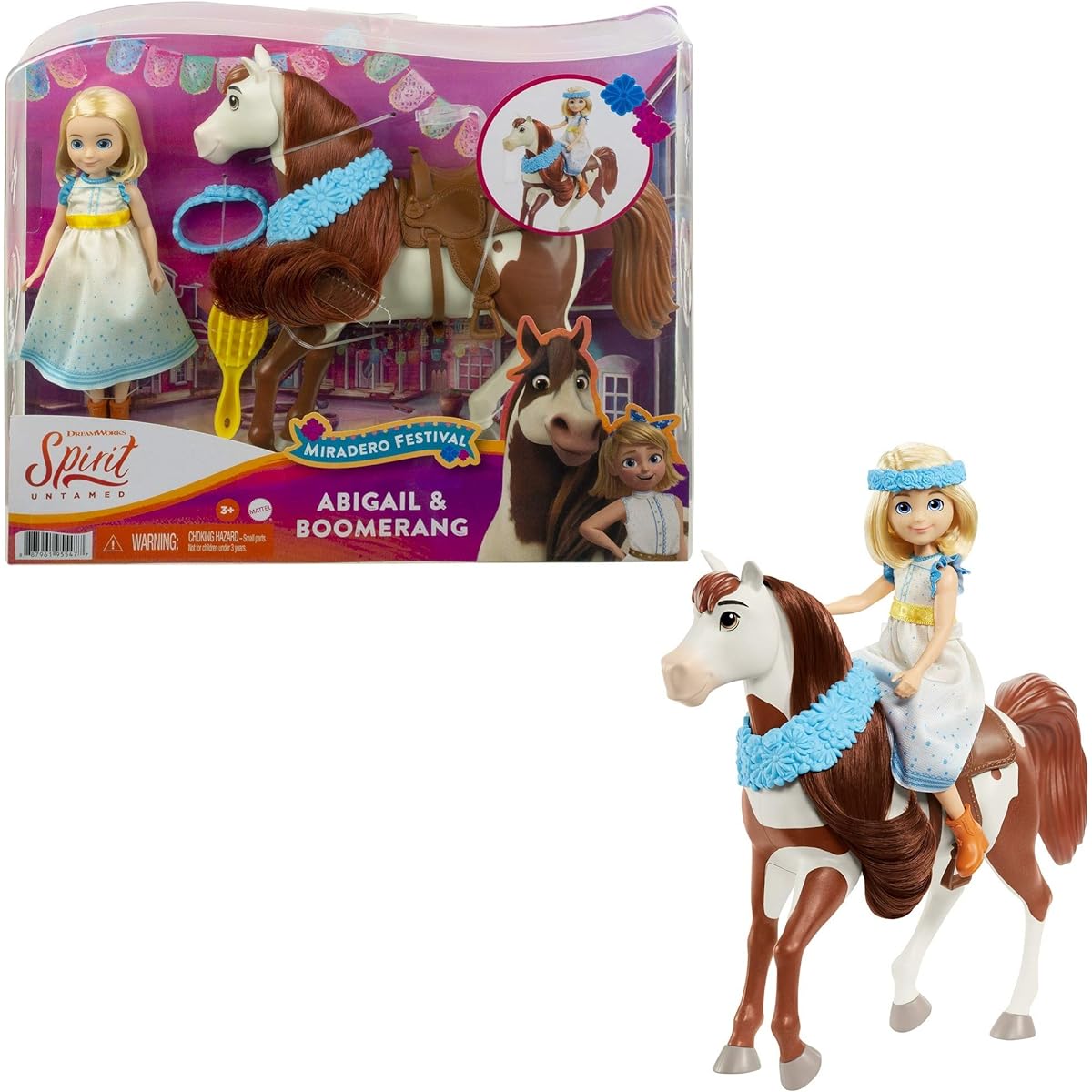 Mattel Spirit Untamed Miradero Festival Abigail Doll (7-in) with Dress, Floral Crown & Boomerang Horse (8-in), Floral Garland, Saddle & Brush, Great Gift for Ages 3 Years Old & Up