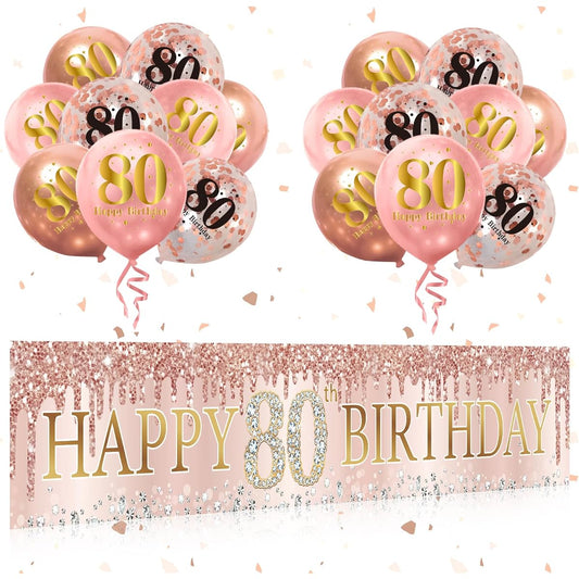 80th Birthday Banner Balloon Decorations for Women Pink Rose Gold Happy 80 Birthday Banner Balloon Kit Party Supplies 80th Birthday Decorations for Outdoor Indoor