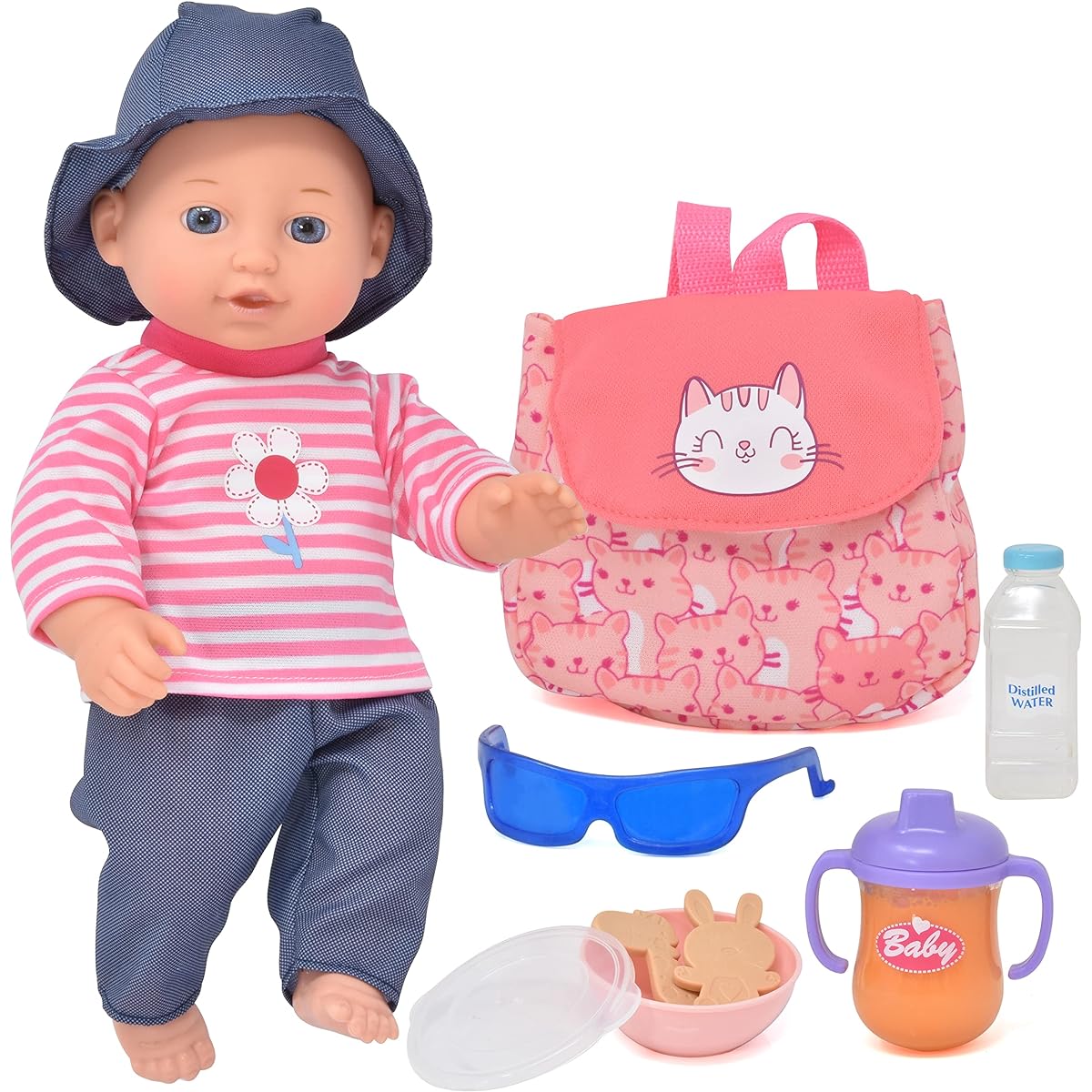 Doll Picnic Food Playset, Baby Doll Accessories Set Includes 30cm Doll with School Backpack, Feeding Toys, Milk Bottle, Juice Sippy Cup, Bib, Rubber Hippo and Juicy Candy Box, Lunch Snack Crackers